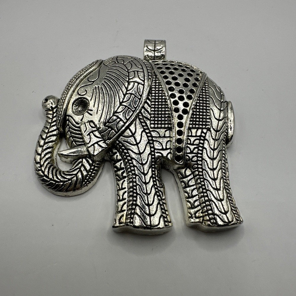Silver Tone Elephant Statement Brooch Pendant Boho Lucky Elephant Trunk Up 2.75"